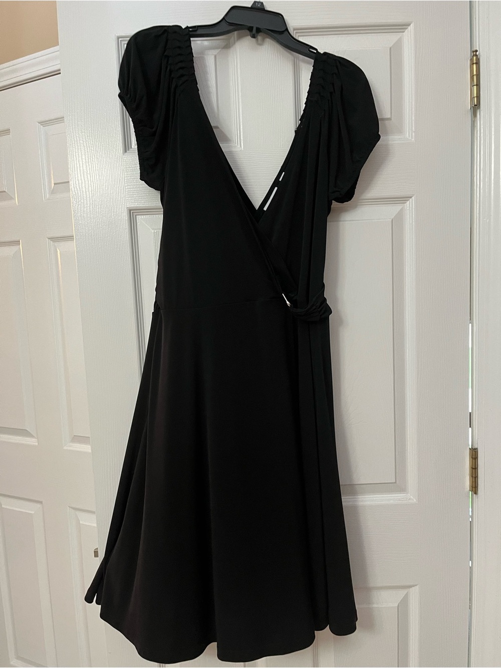 New York & Company Black Wrap Dress with Puff Sleeves
